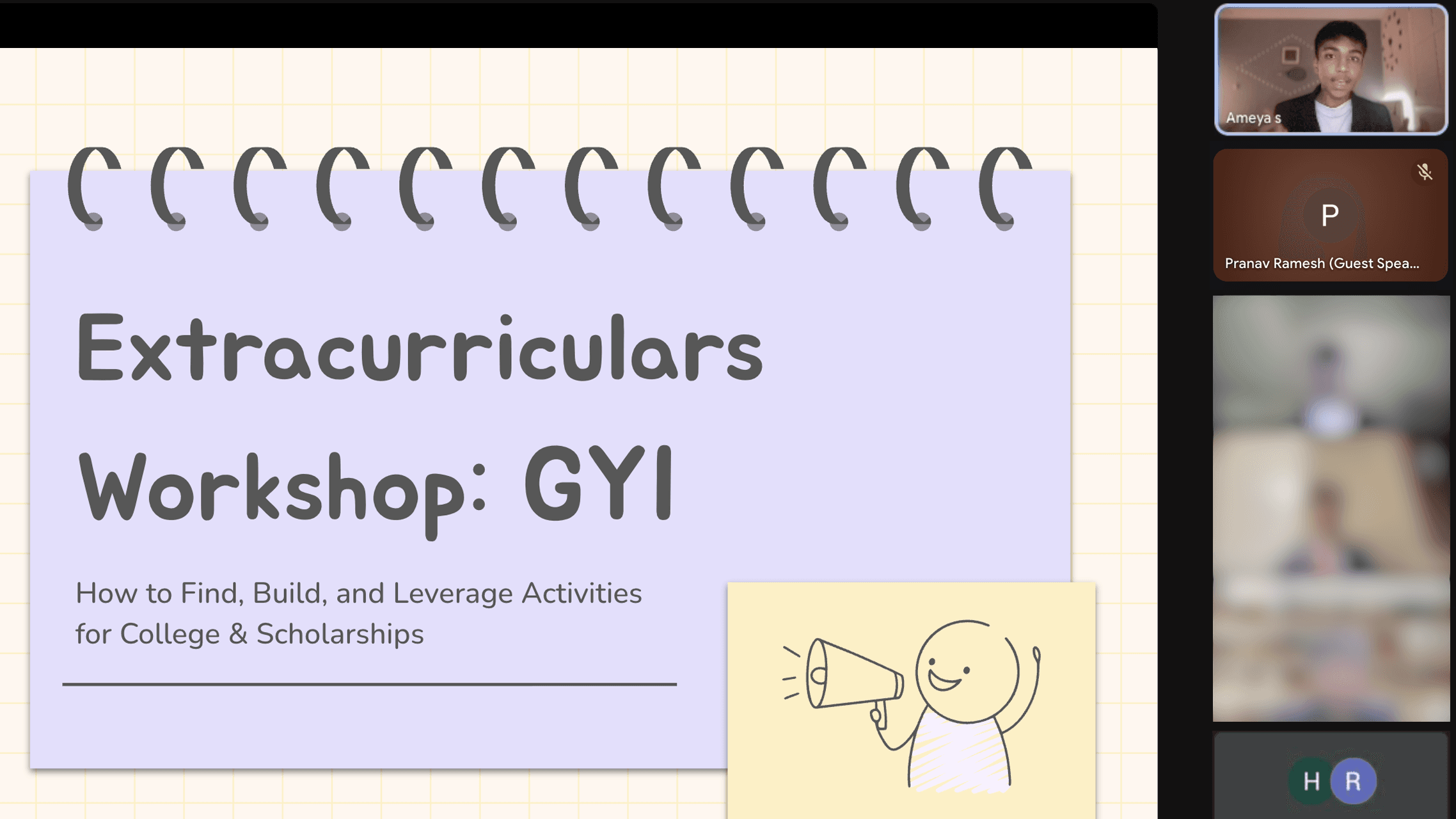 A GYI college counseling workshop on Zoom, with the presenter on camera at the top right
