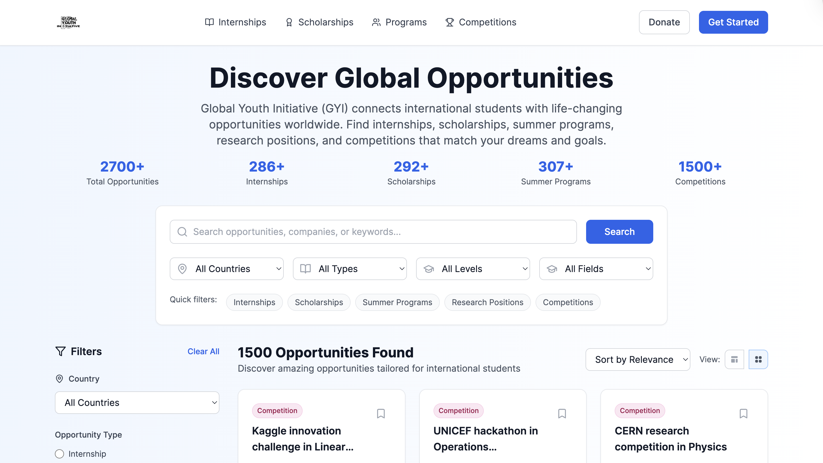 GYI Tool Homepage showing search interface and opportunity categories