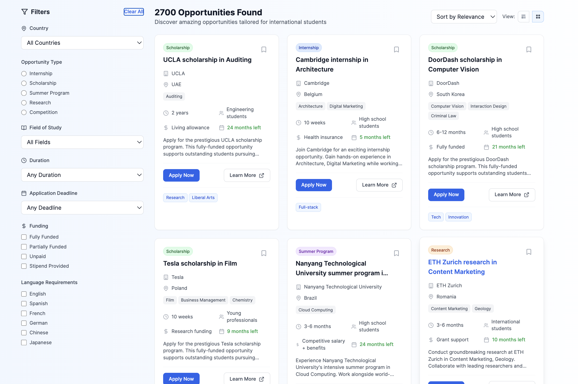 GYI Tool Results page showing filtered opportunities with detailed information